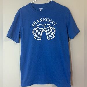 Shanefest Beer Mug Graphic Blue short sleeve T-Shirt, size small. Party pub wear